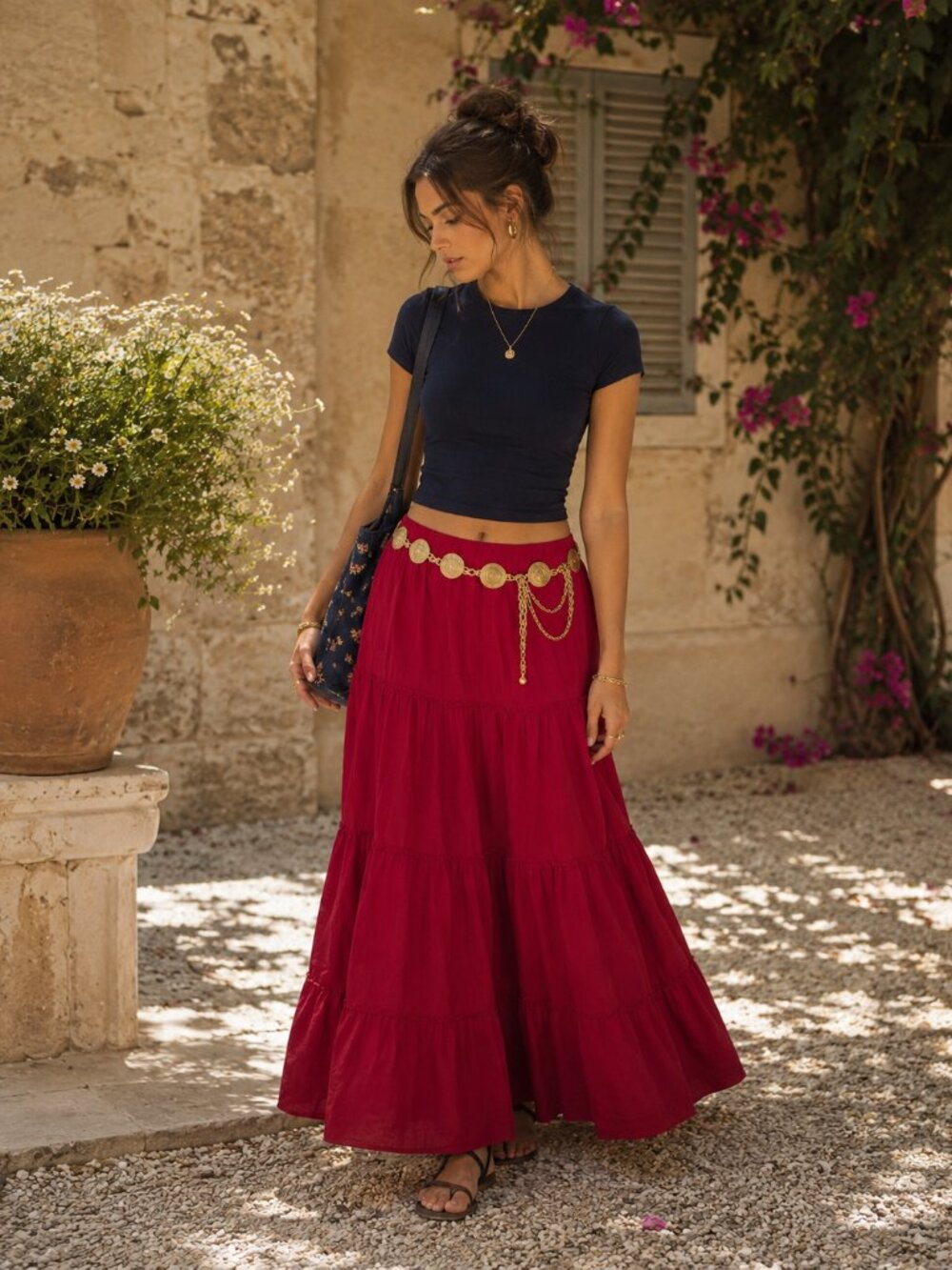 Red Tiered Maxi Skirt Festival Cottagecore Prairiecore IndieFolk Fairycore 70s